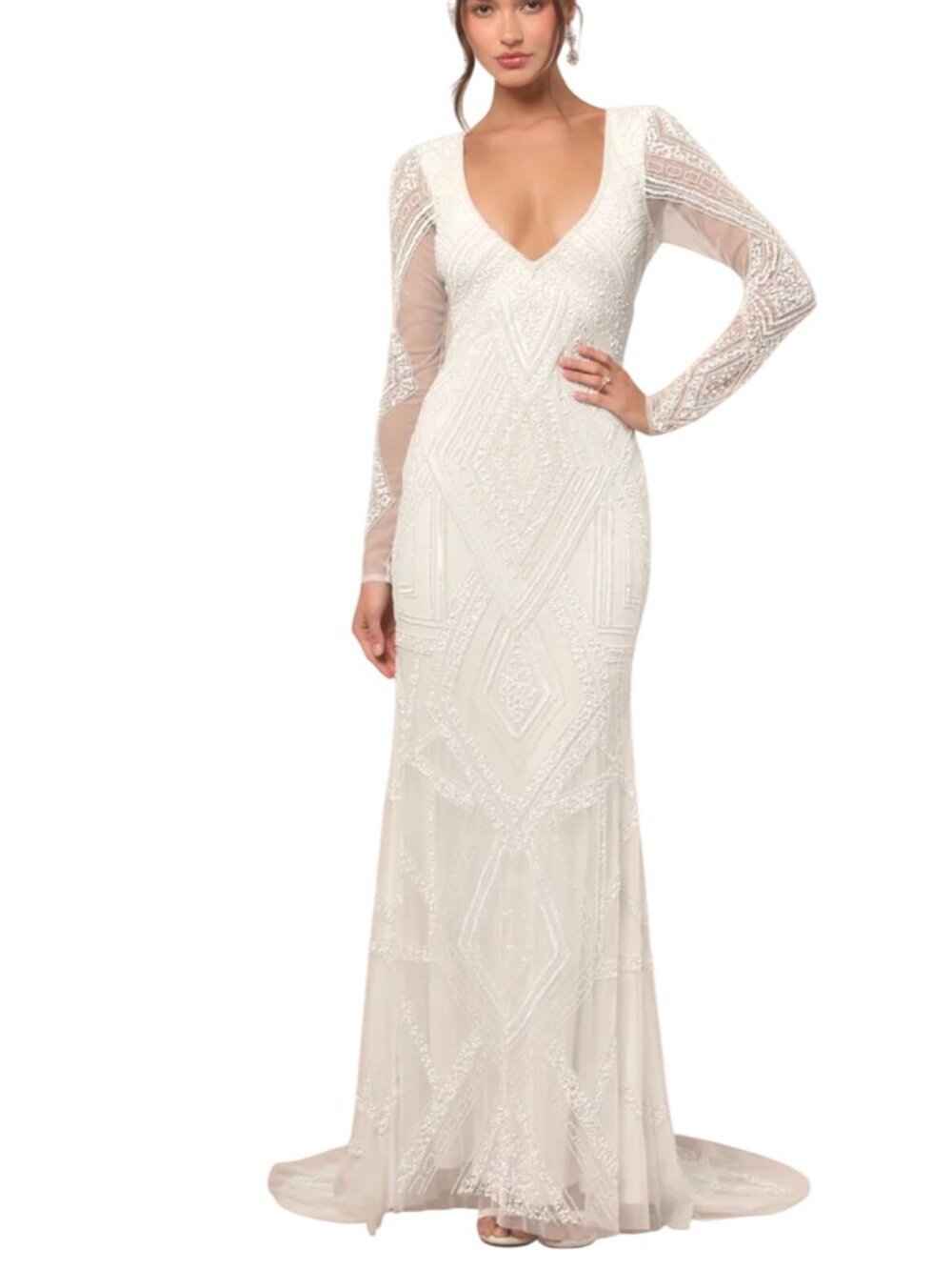 Lulus Deedra White Sequin Beaded Backless Maxi Dress Sz LG Bridal Wedding